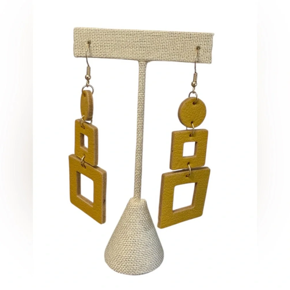#726 Mustard Yellow Geometric Faux‎ Leather Dangle Earrings